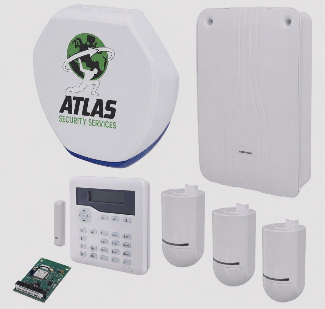 Atlas branded wireless intruder alarm kit with panel, keypad, PIR detectors and bell box