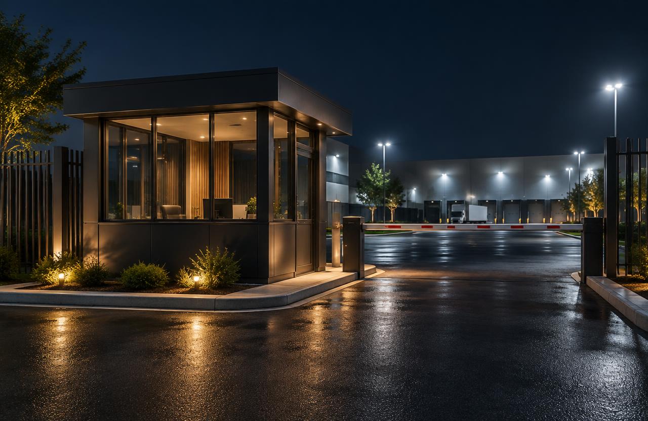 Manned security pod with a barrier gate at the entrance to a commercial site at night