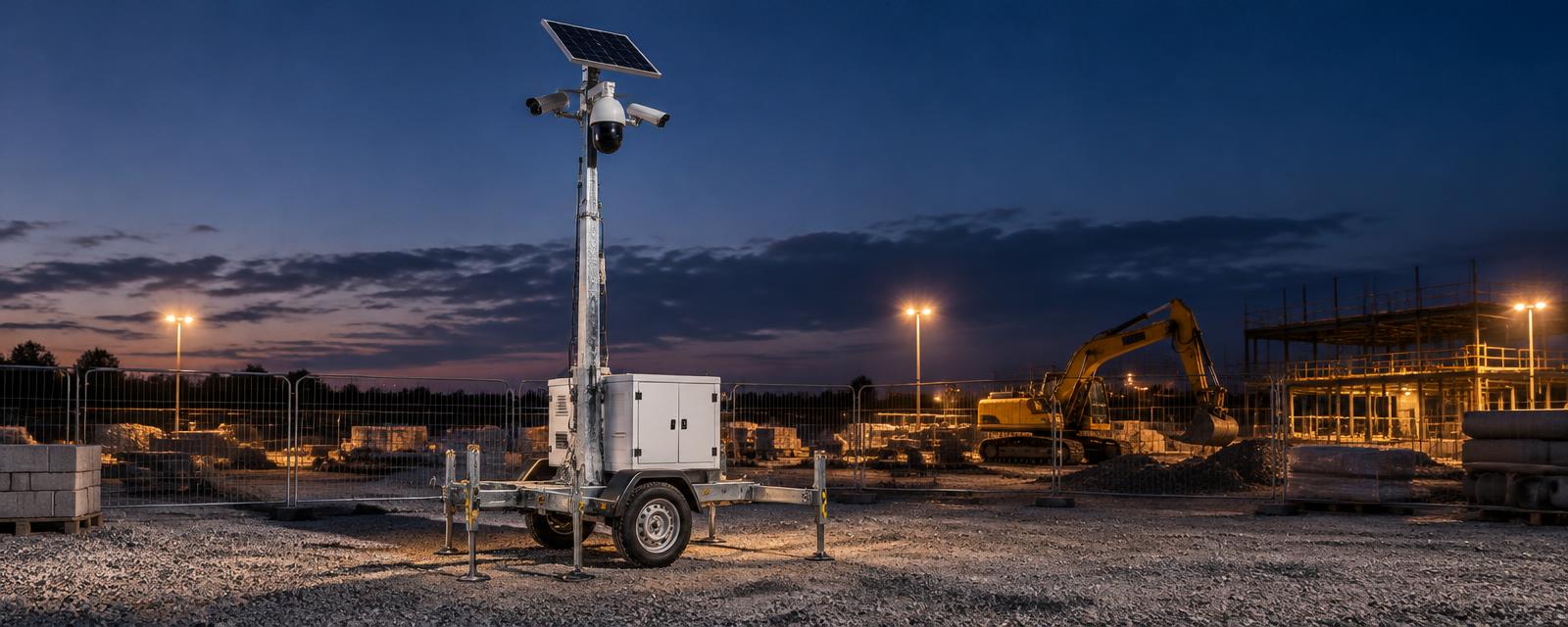 Mobile CCTV surveillance tower with solar panels standing on a construction site at dusk