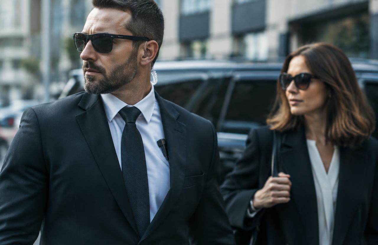Close protection officer escorting an executive client