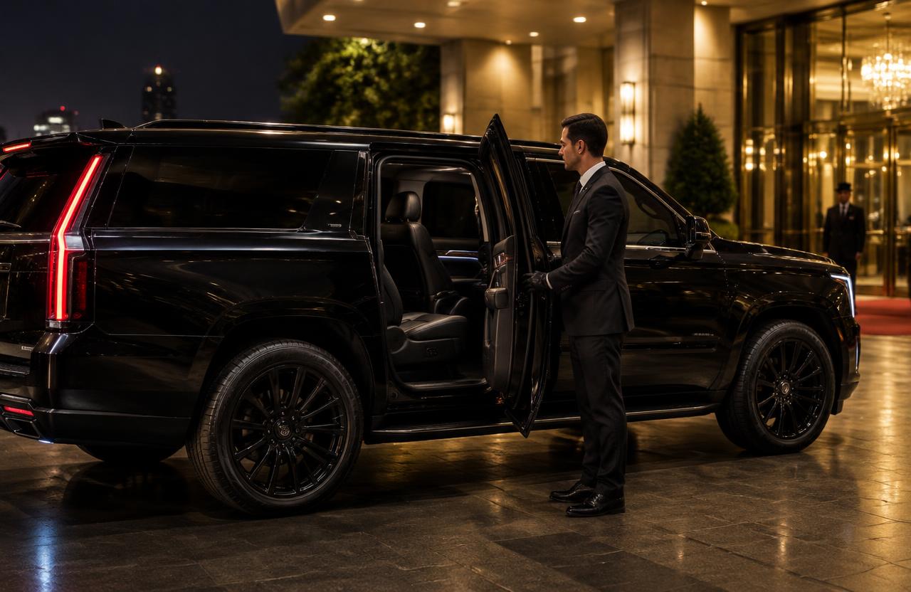 Chauffeur holding the door of a black executive SUV outside a hotel