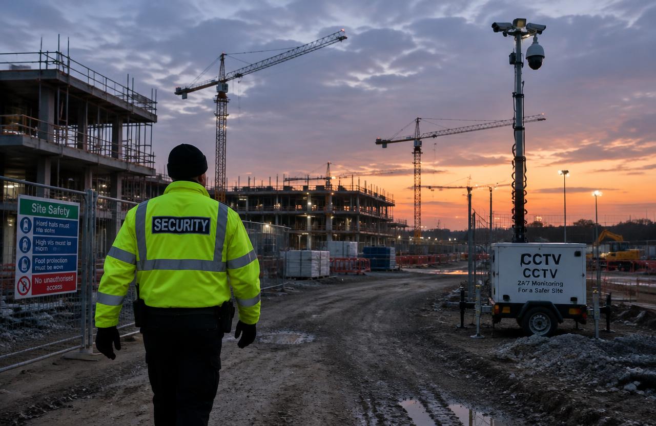 Security officer patrolling a construction site beside a mobile CCTV tower
