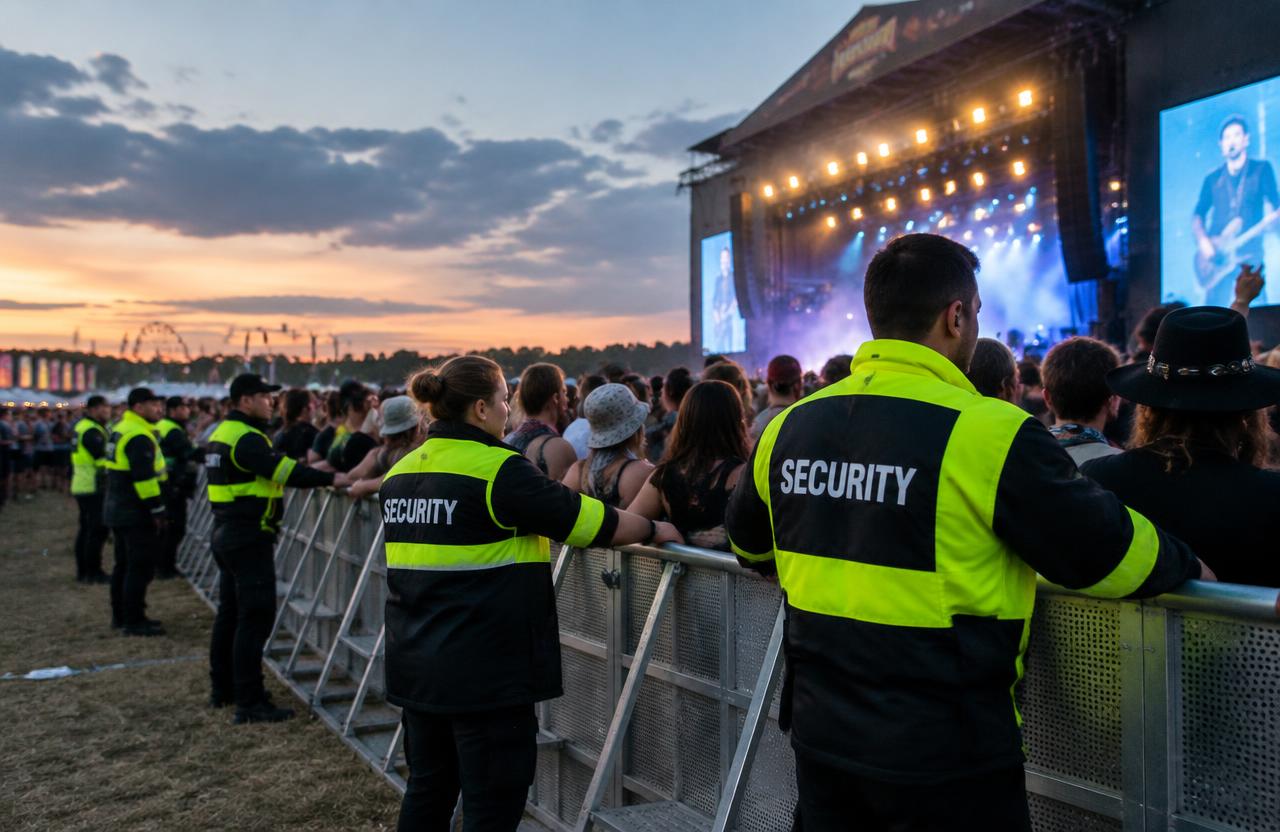 Security team managing a crowd barrier at an outdoor music festival